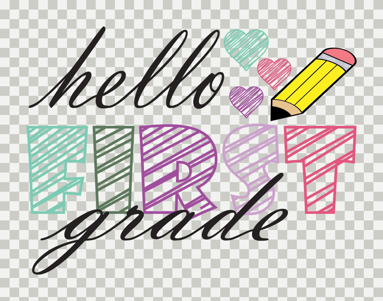 School Grade Hello White Hello First Grade Text pencil hearts transparency and detail preview thumbnail