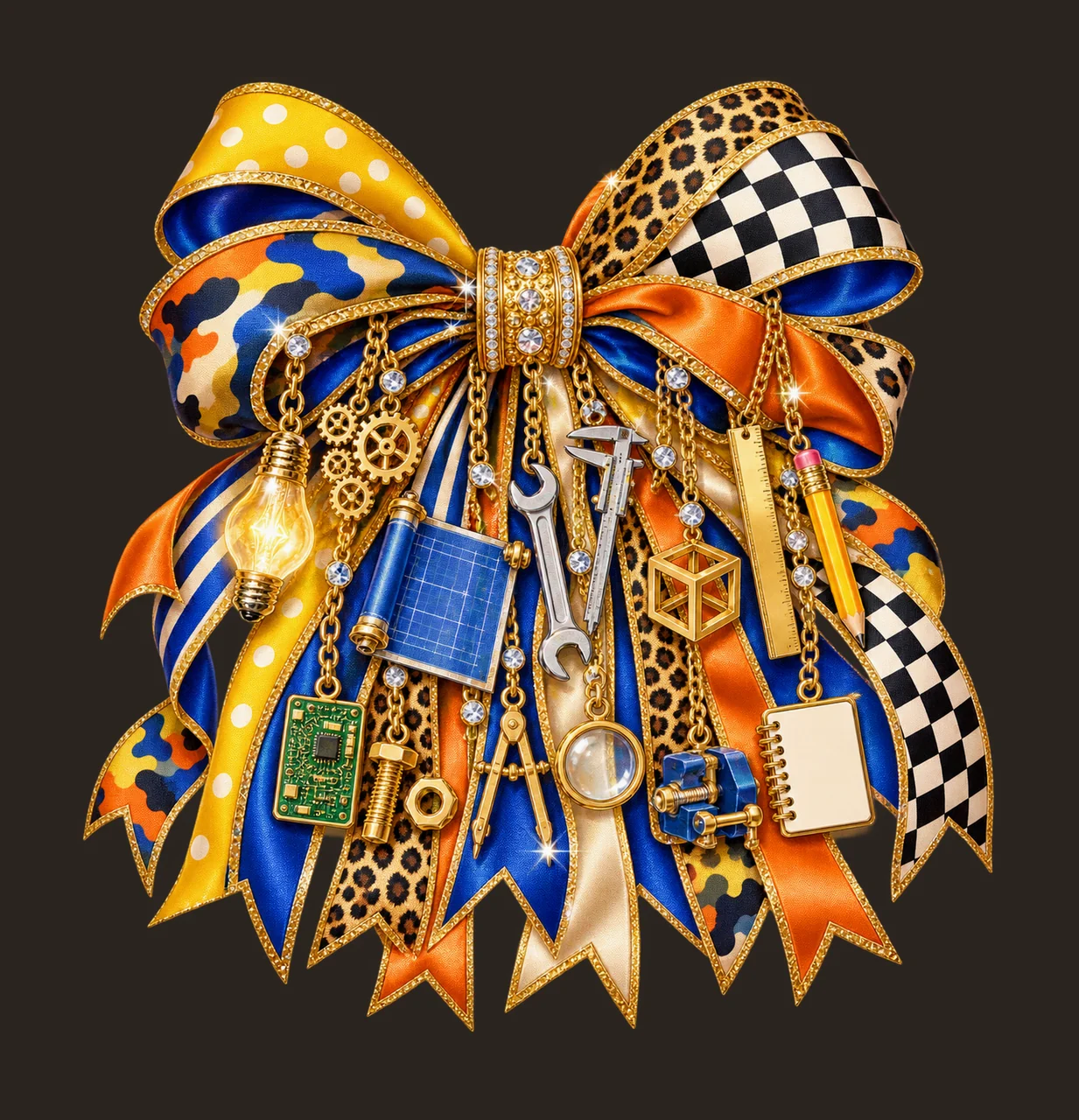 Inventor Maker Bow Charm PNG, Themed Gold Chain Charms, Coquette Ribbon Sublimation Design, Transparent Digital Download contrast preview thumbnail