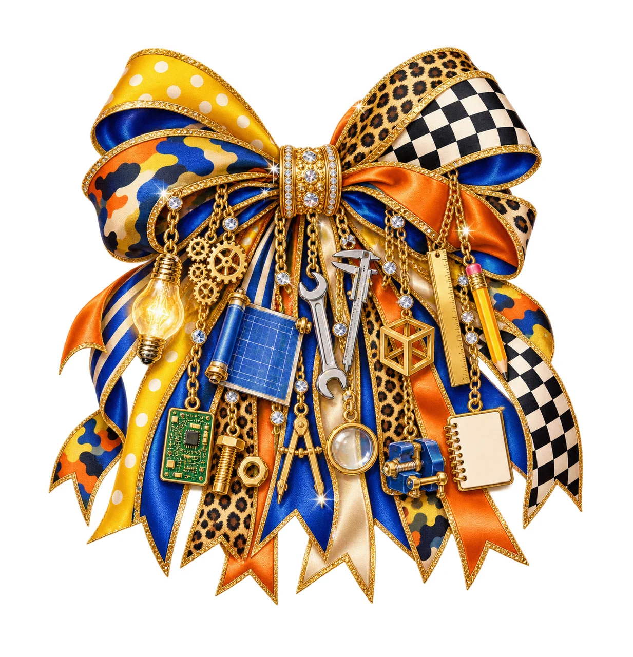 Inventor Maker Bow Charm PNG, Themed Gold Chain Charms, Coquette Ribbon Sublimation Design, Transparent Digital Download