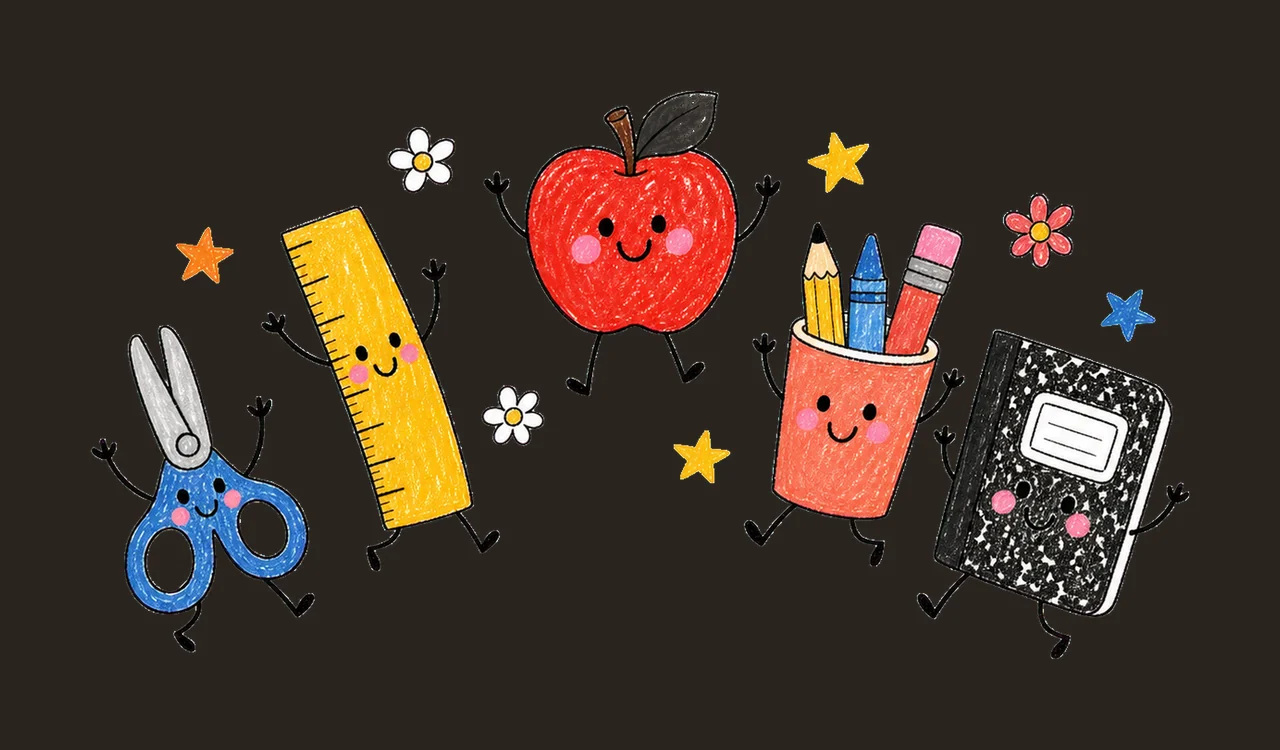 School Anthropomorphic Items Jumping With Scissors ruler contrast preview thumbnail