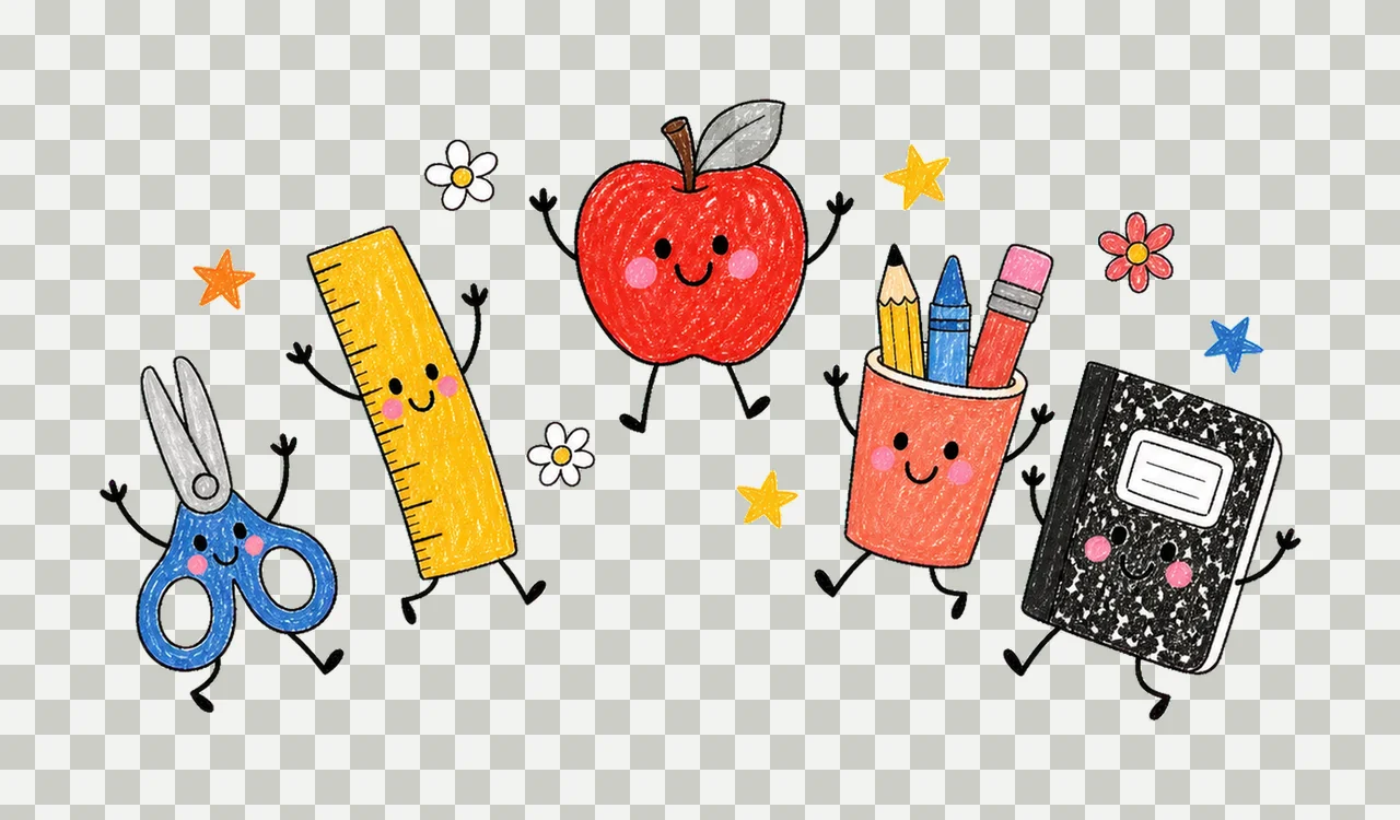 School Anthropomorphic Items Jumping With Scissors ruler transparency and detail preview thumbnail