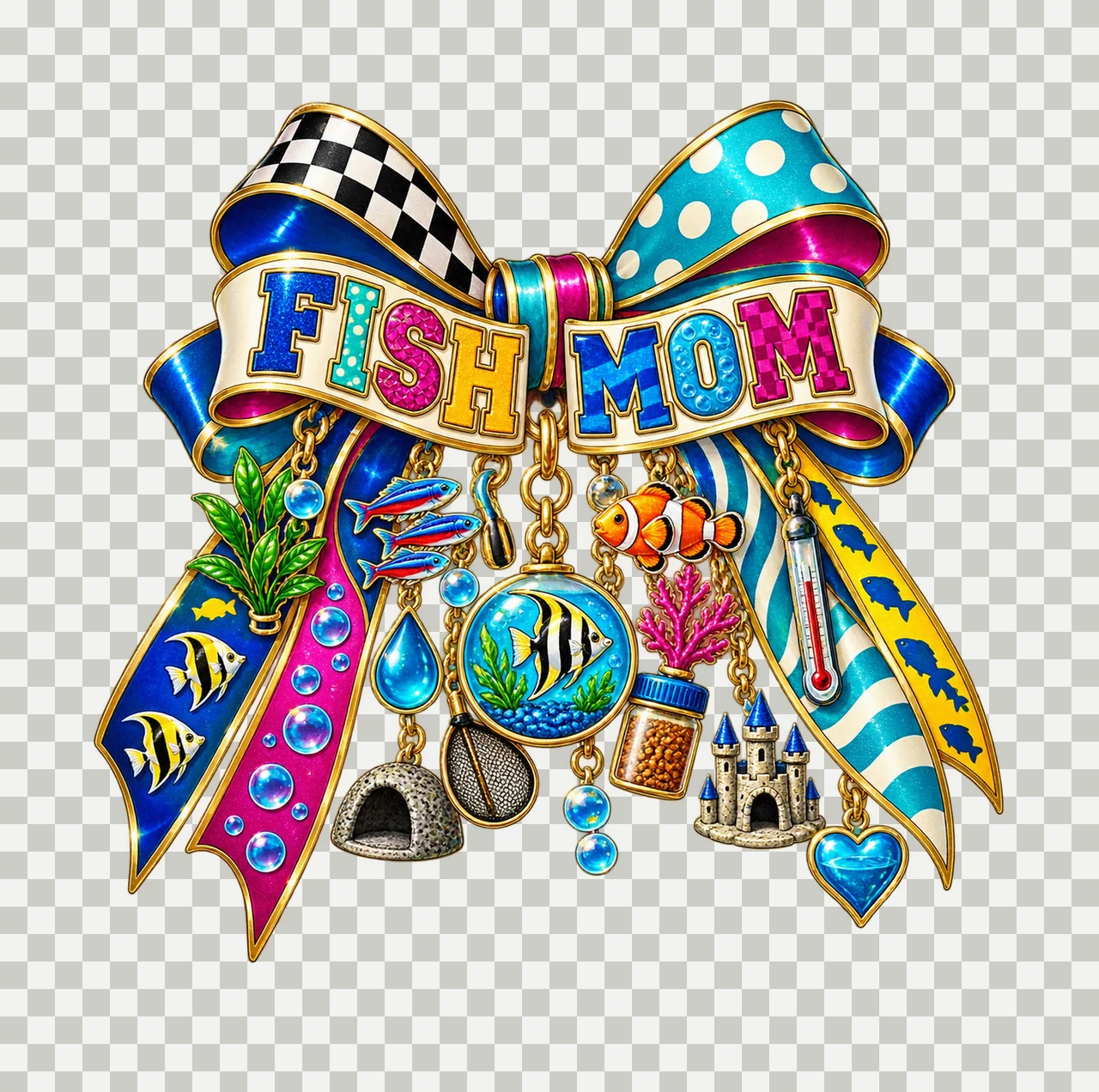 Fish Mom Bow Charm PNG, Patterned Varsity Mom Ribbon Clipart, Transparent Sublimation Digital Download transparency and detail preview thumbnail