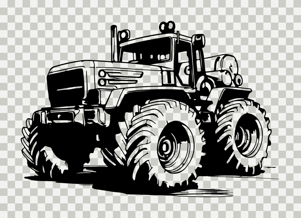 Farm Tractor With Large Wheels cabin exhaust line art black transparency and detail preview thumbnail