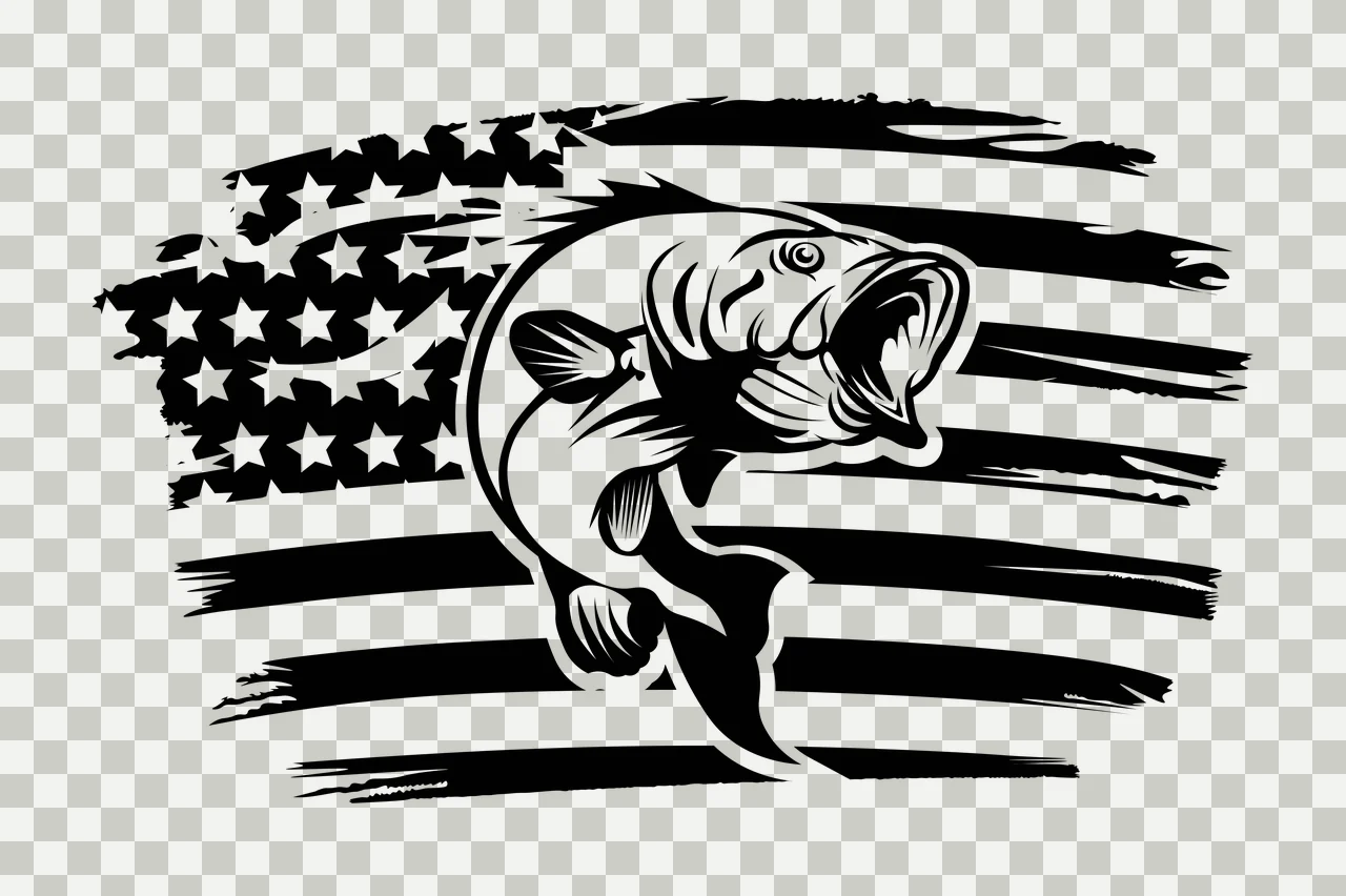 Fishing Bass Fish Jumping Before American Flag stars stripes transparency and detail preview thumbnail