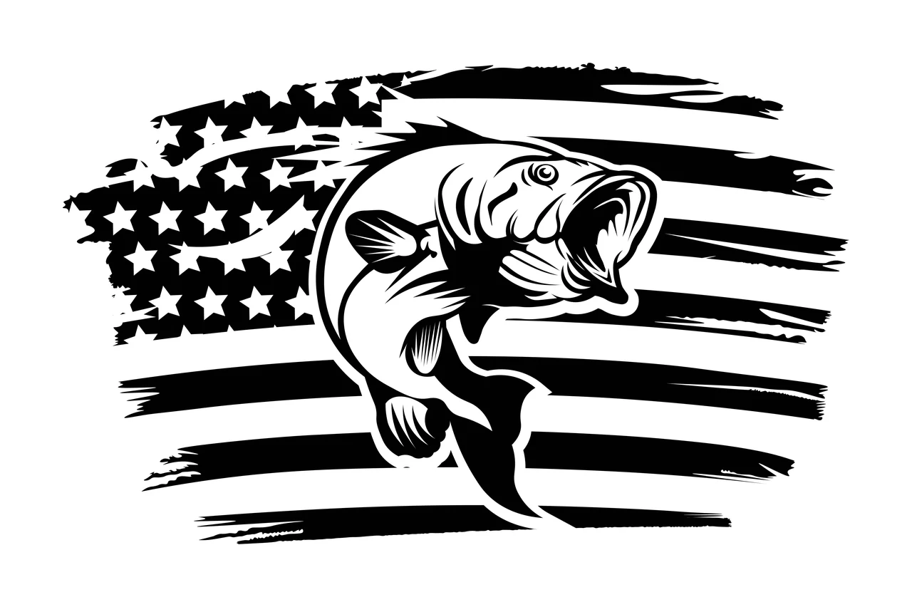 Fishing Bass Fish Jumping Before American Flag stars stripes
