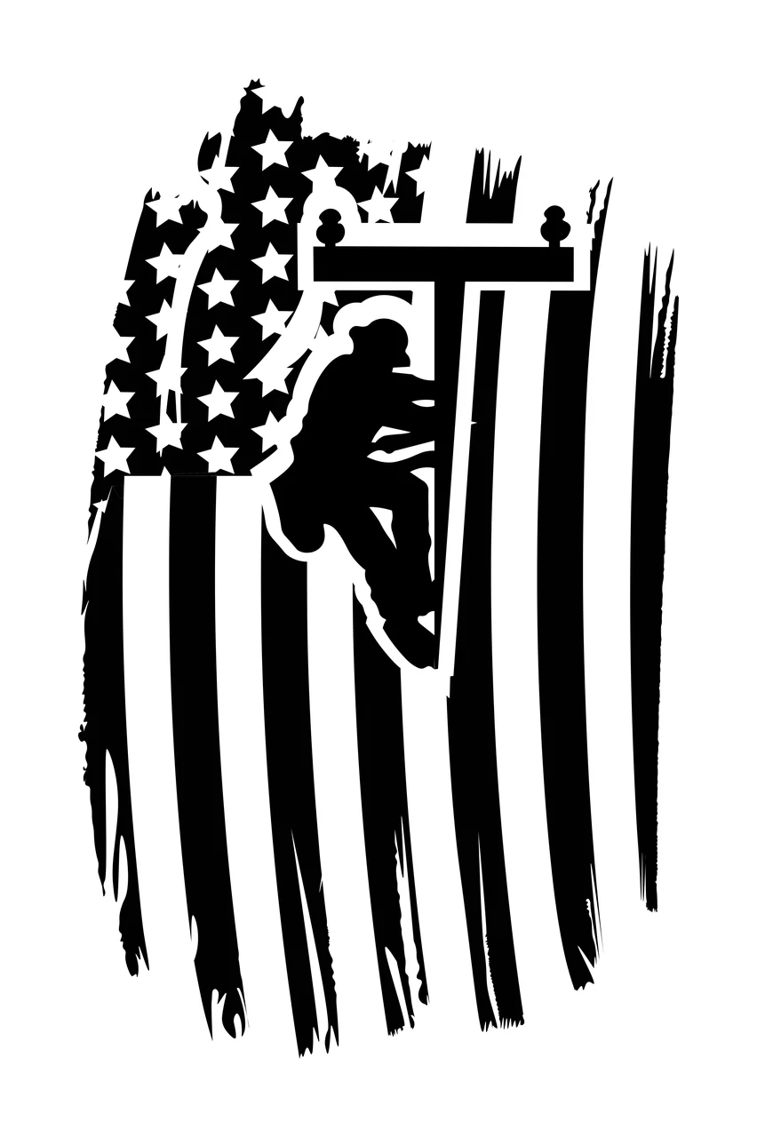 Silhouette Design of lineman climbing utility pole with crossarm, insulators, American flag and stars in black and white
