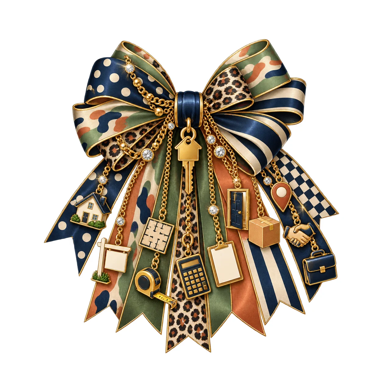 Real Estate Agent Bow Charm PNG, Themed Gold Chain Charms, Coquette Ribbon Sublimation Design, Transparent Digital Download