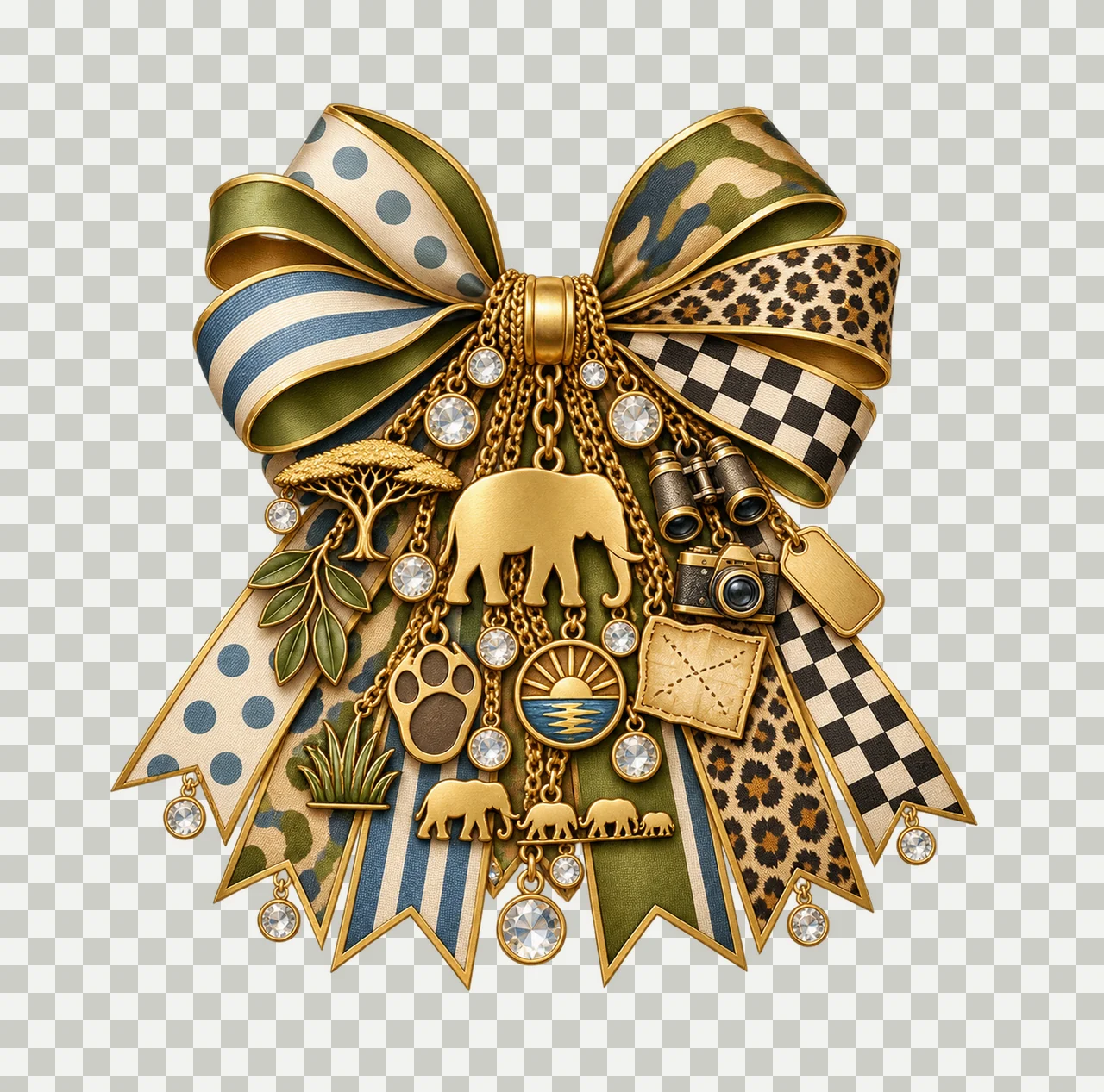 Elephant Lover Bow Charm PNG, Gold Chain Charms, Transparent Sublimation Design, Digital Download transparency and detail preview thumbnail