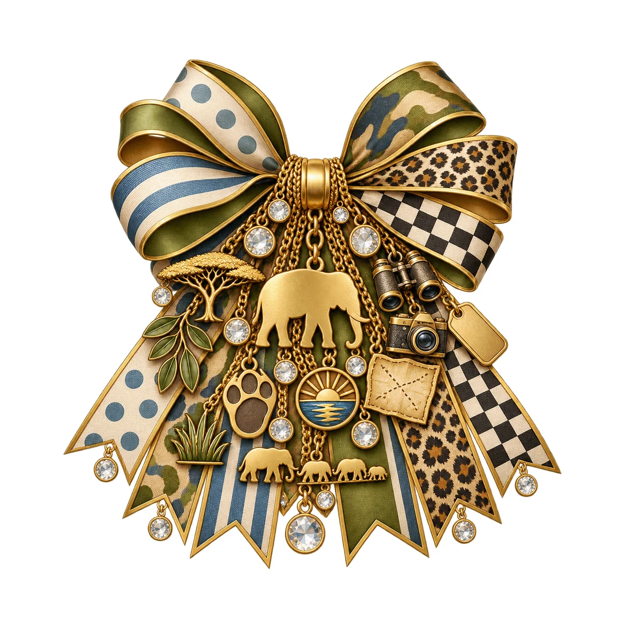 Elephant Lover Bow Charm PNG, Gold Chain Charms, Transparent Sublimation Design, Digital Download