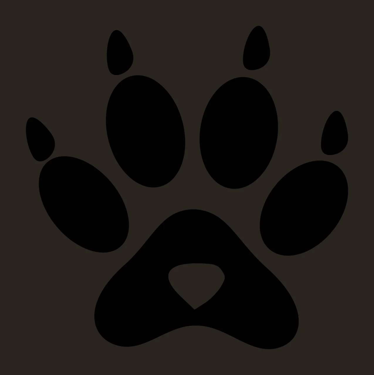 Silhouette Design of Black paw print with five pads and heart-shaped central pad with five oval pads, one heart-shaped central pad and white background contrast preview thumbnail