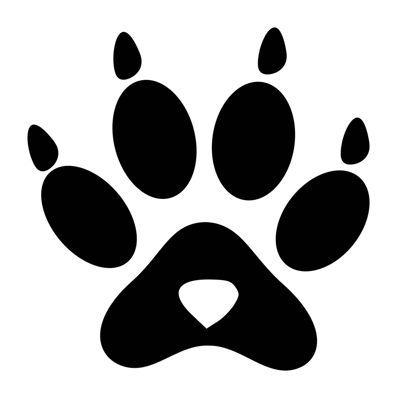 Silhouette Design of Black paw print with five pads and heart-shaped central pad with five oval pads, one heart-shaped central pad and white background
