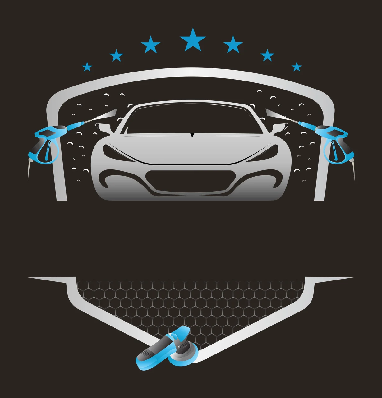 Car wash service logo design with gray car silhouette, blue pressure washers, blue stars and bubbles in white contrast preview thumbnail