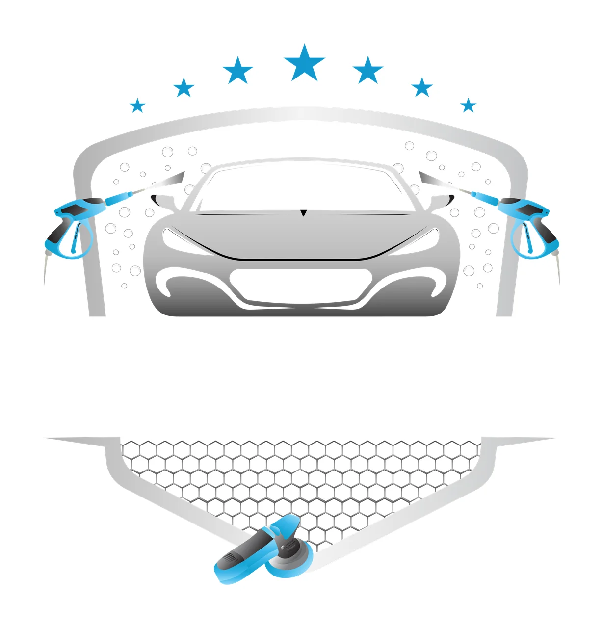 Car wash service logo design with gray car silhouette, blue pressure washers, blue stars and bubbles in white