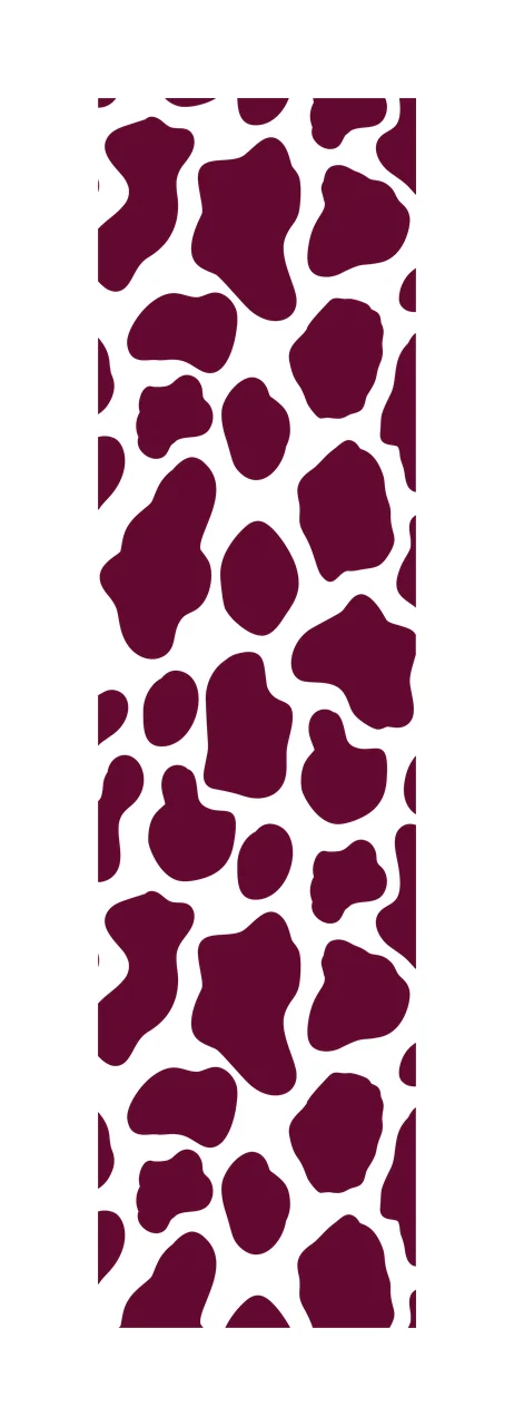 Cow print pattern with irregular shapes interlocking spots vertical strip and dark burgundy in white