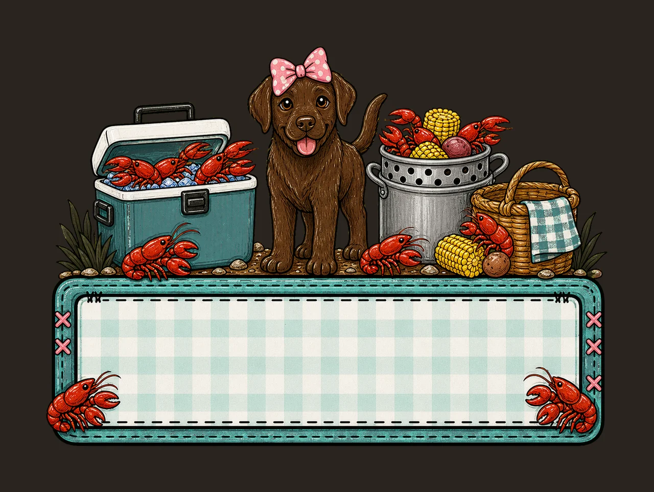 Crawfish boil with brown lab trio girl name Variation C contrast preview thumbnail