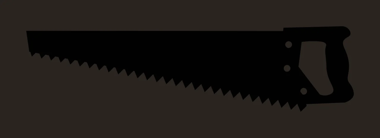Silhouette Design of hand saw with serrated blade, saw teeth, handle cutout and screw holes in black and white contrast preview thumbnail
