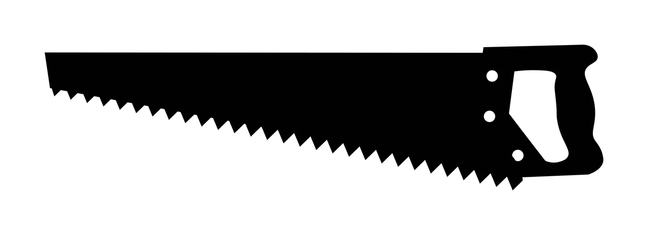 Silhouette Design of hand saw with serrated blade, saw teeth, handle cutout and screw holes in black and white