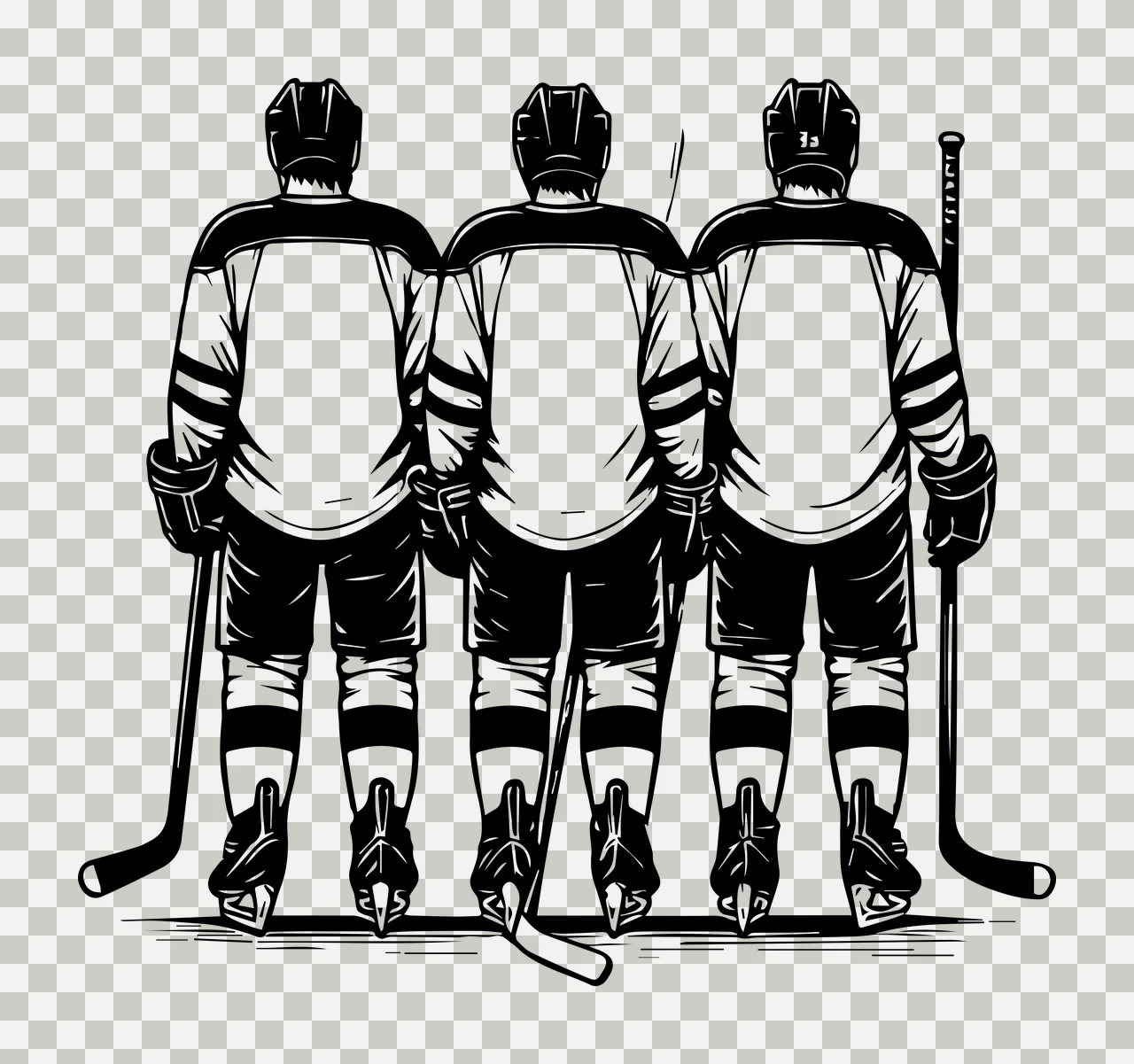 Hockey Three Players Standing Side sticks helmets jerseys shorts transparency and detail preview thumbnail