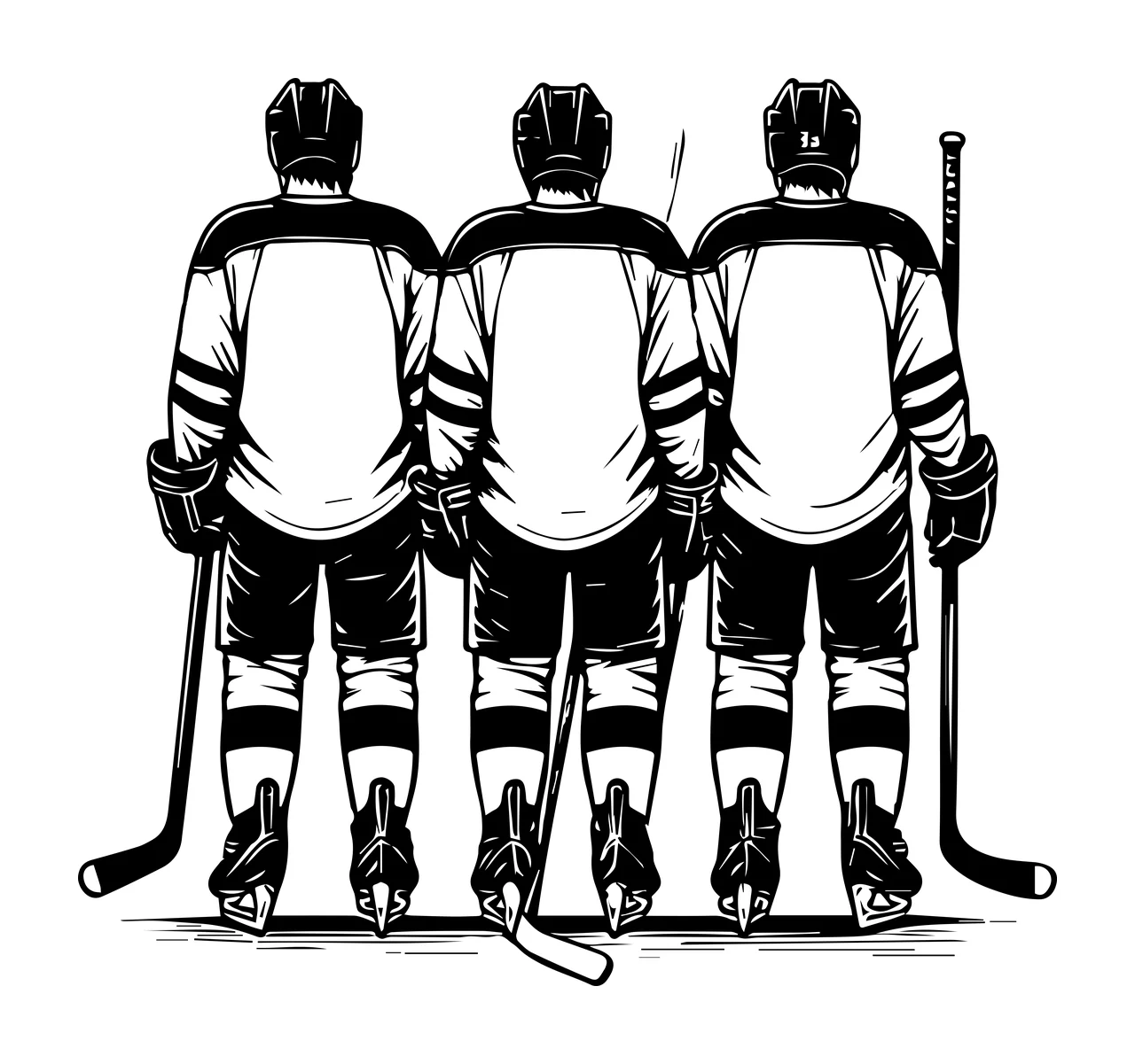 Hockey Three Players Standing Side sticks helmets jerseys shorts