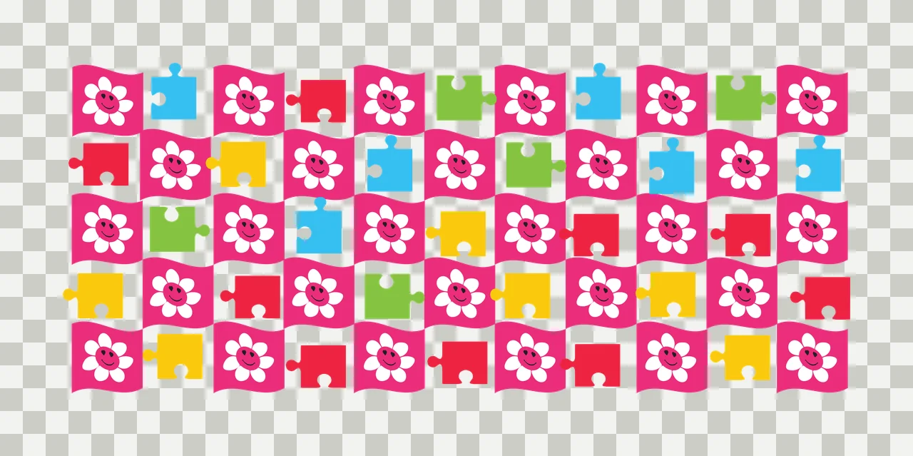 Pattern of pink wavy flags with puzzle pieces and daisies Illustration with white daisies with smiling faces and colorful puzzle pieces blue red green yellow transparency and detail preview thumbnail