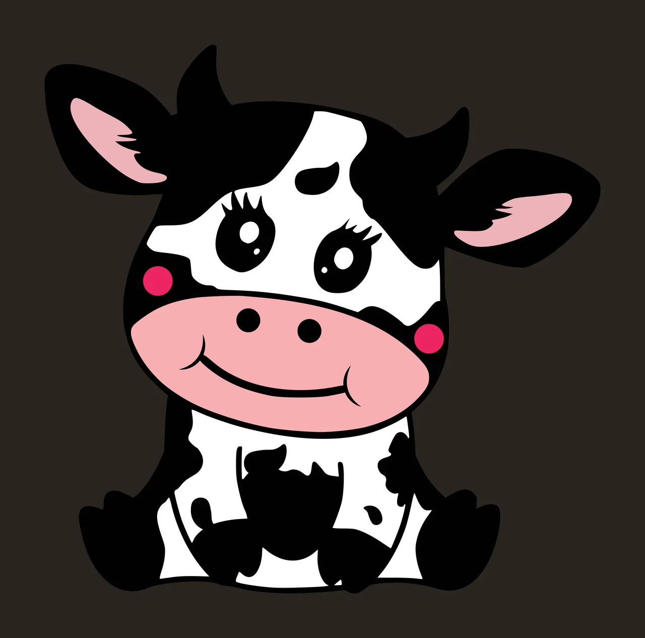 Baby cow Illustration with black spots, pink muzzle, rosy cheeks and horns in white contrast preview thumbnail