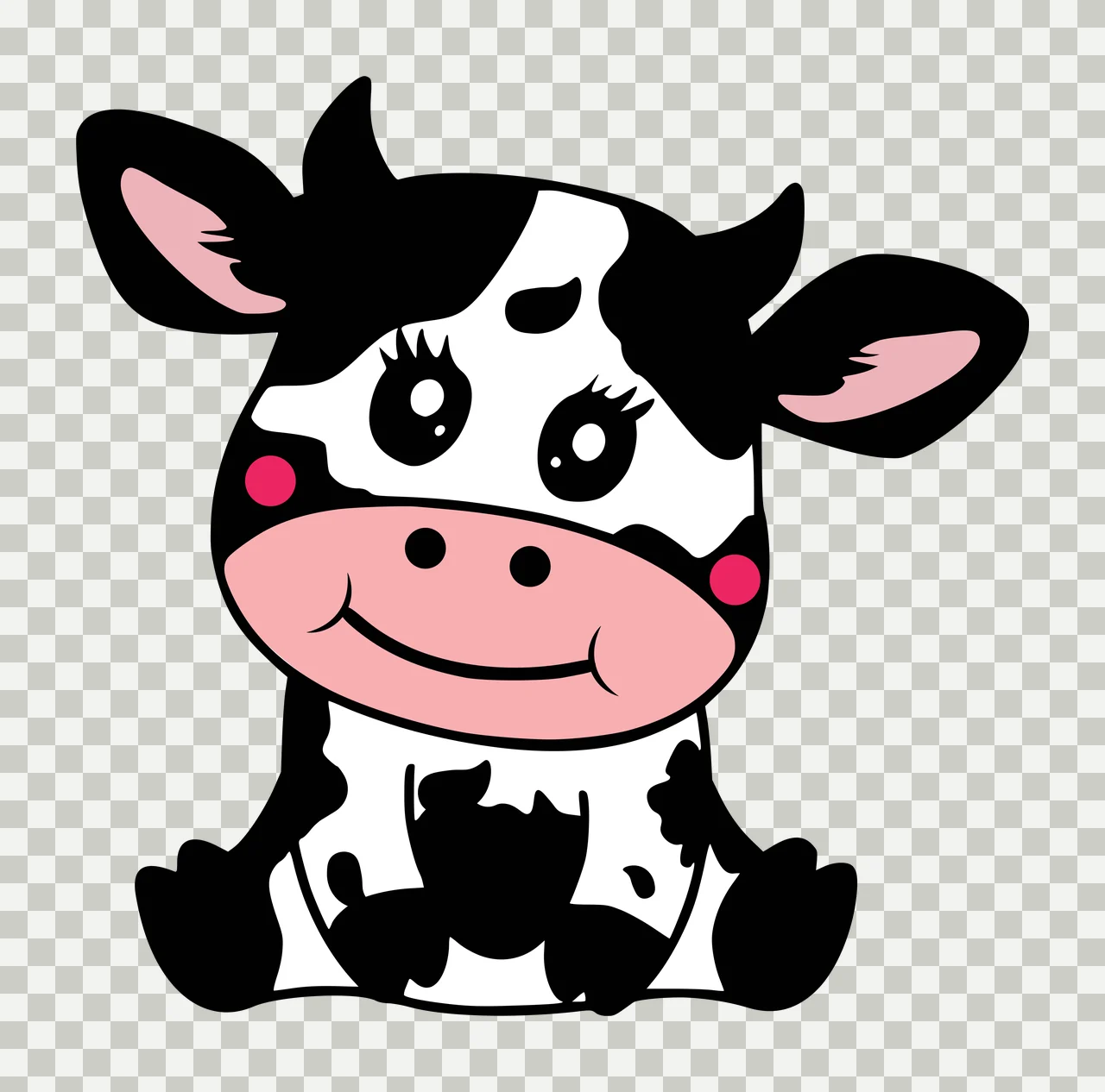Baby cow Illustration with black spots, pink muzzle, rosy cheeks and horns in white transparency and detail preview thumbnail