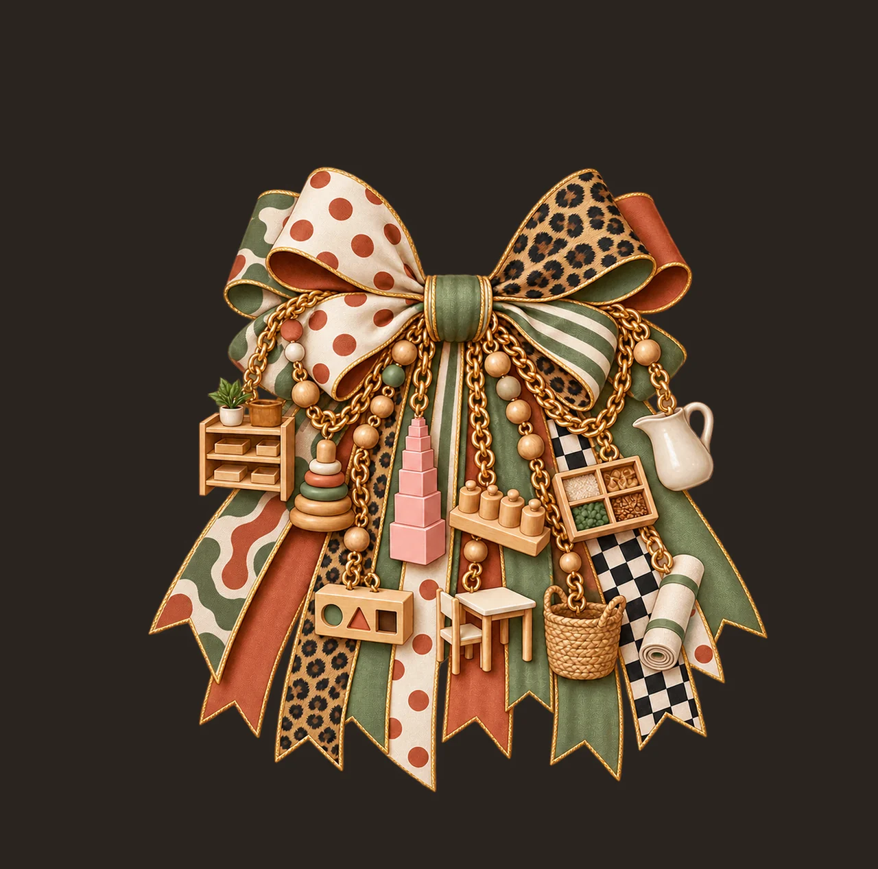 Montessori Teacher Bow Charm PNG, Gold Chain Charms, Transparent Sublimation Design, Digital Download contrast preview thumbnail