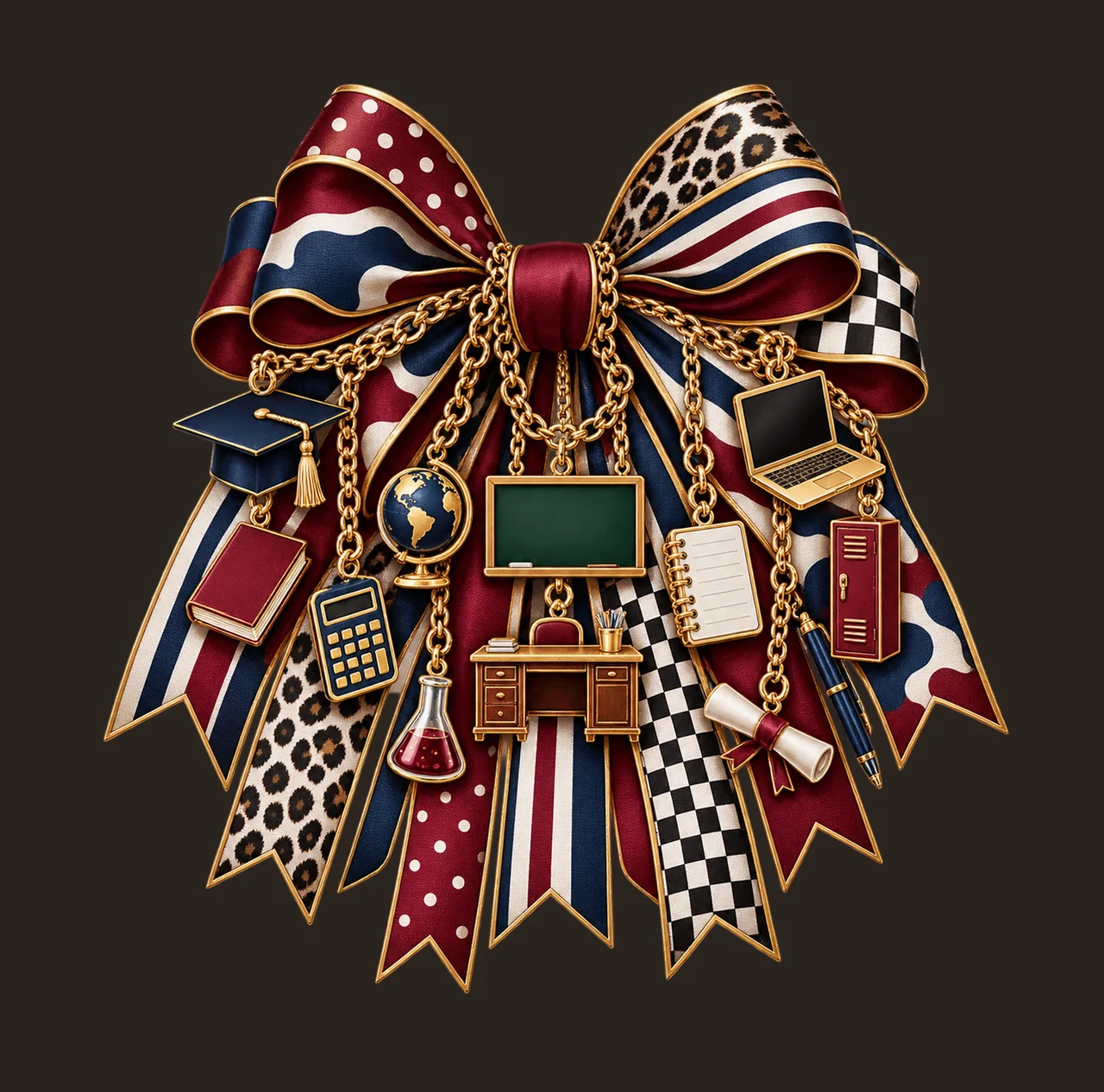 High School Teacher Bow Charm PNG, Gold Chain Charms, Transparent Sublimation Design, Digital Download contrast preview thumbnail
