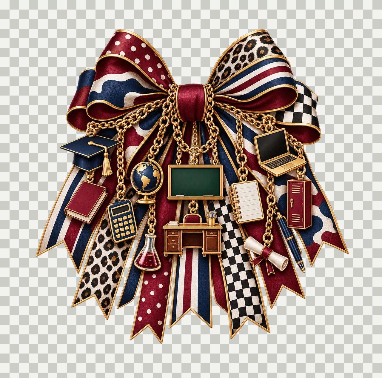 High School Teacher Bow Charm PNG, Gold Chain Charms, Transparent Sublimation Design, Digital Download transparency and detail preview thumbnail