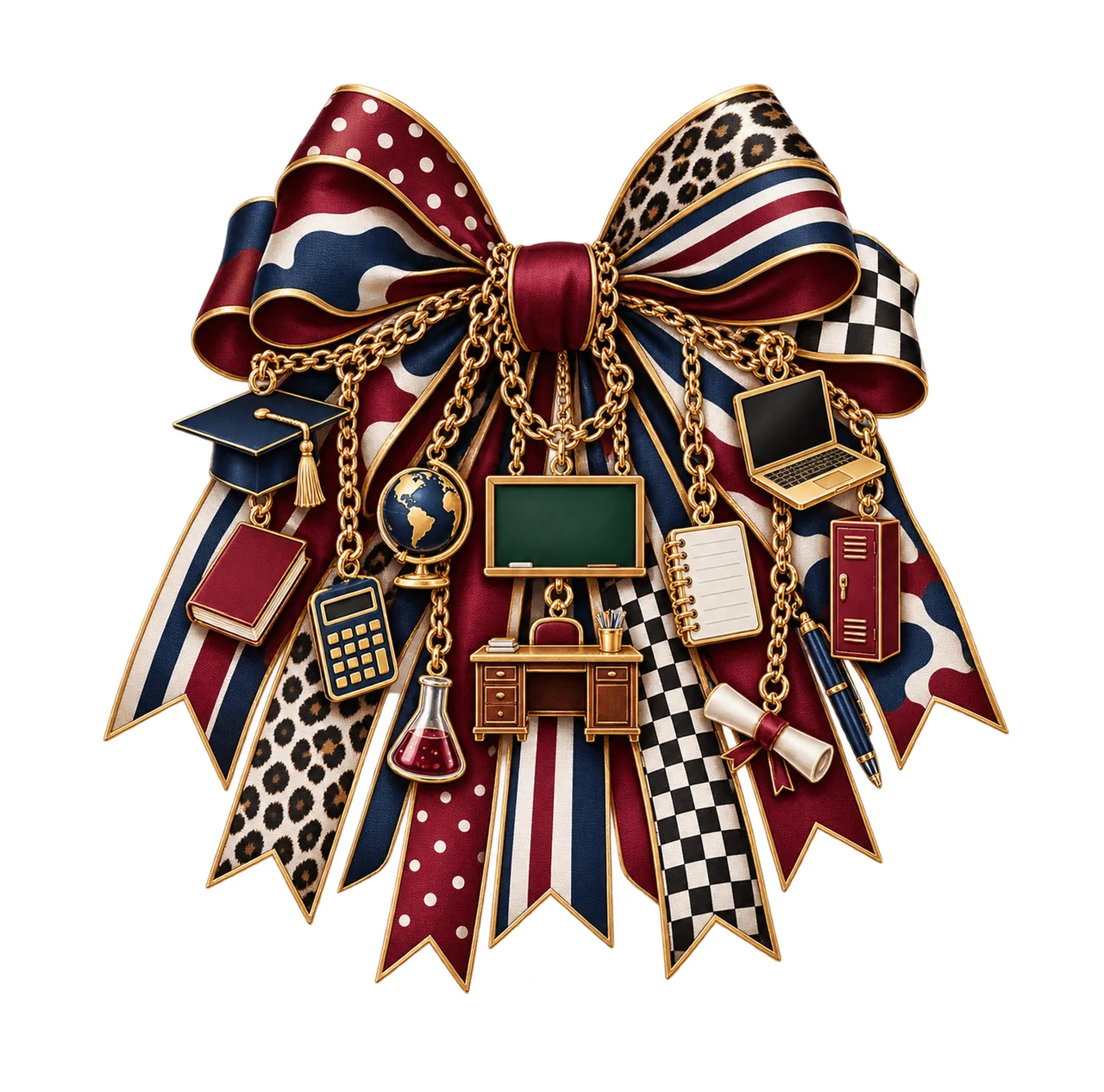 High School Teacher Bow Charm PNG, Gold Chain Charms, Transparent Sublimation Design, Digital Download