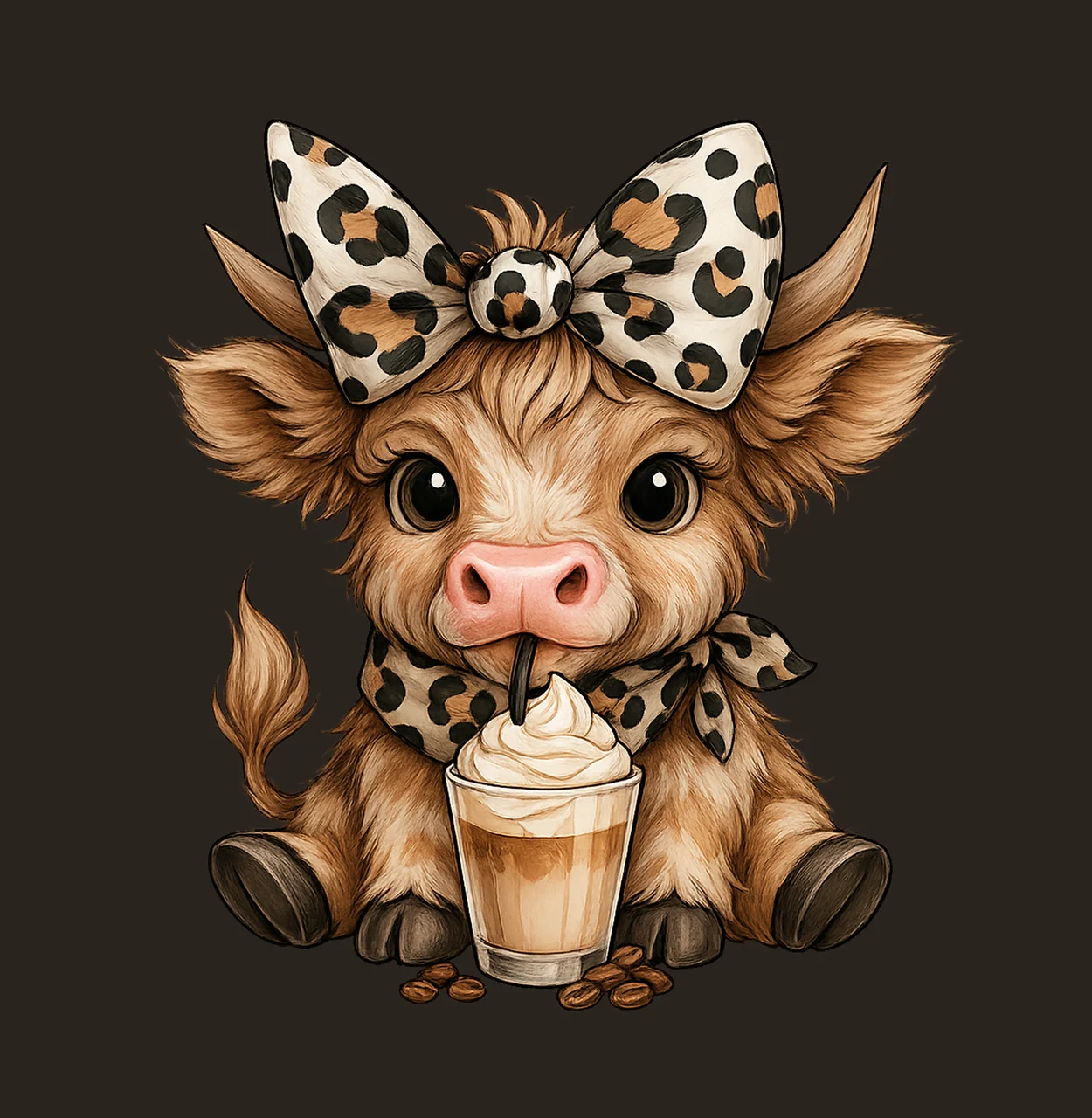 Coffee Cow Fluffy Drinking With Leopard Print Bow scarf cup contrast preview thumbnail