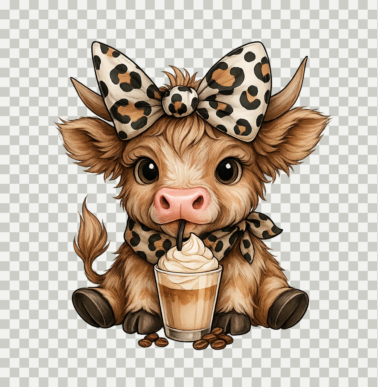 Coffee Cow Fluffy Drinking With Leopard Print Bow scarf cup transparency and detail preview thumbnail