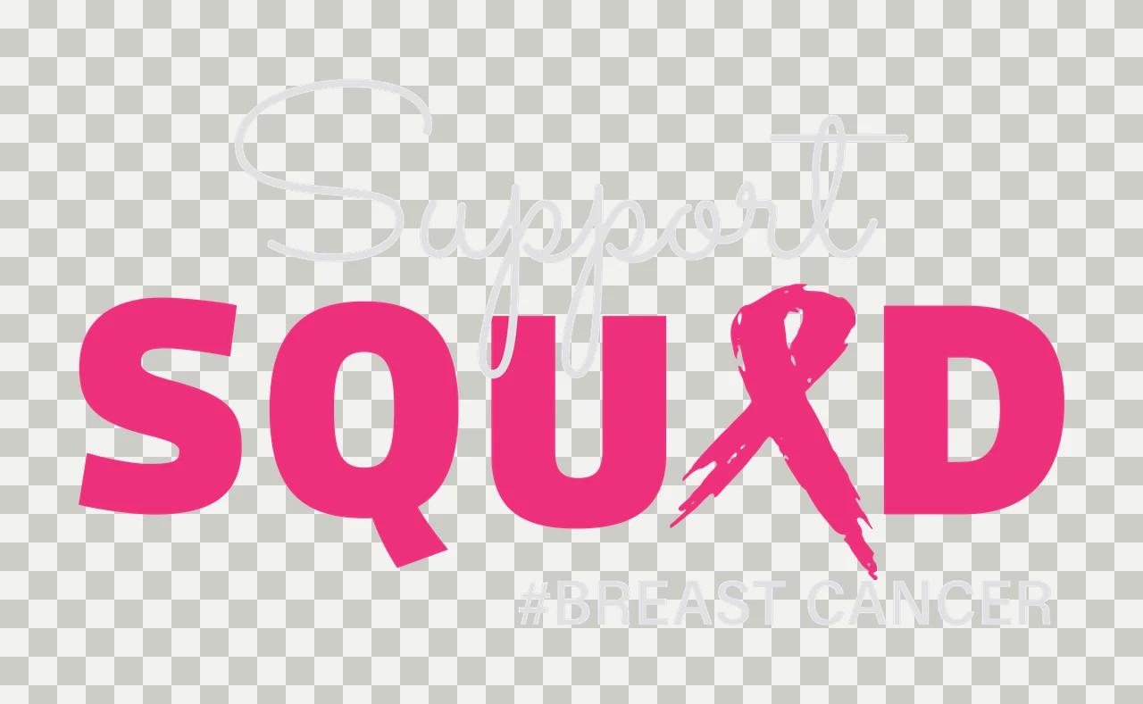 Support SQUAD #BREAST CANCER Typography Design with pink ribbon, cursive font, bold lettering and hashtag text in light gray and white transparency and detail preview thumbnail