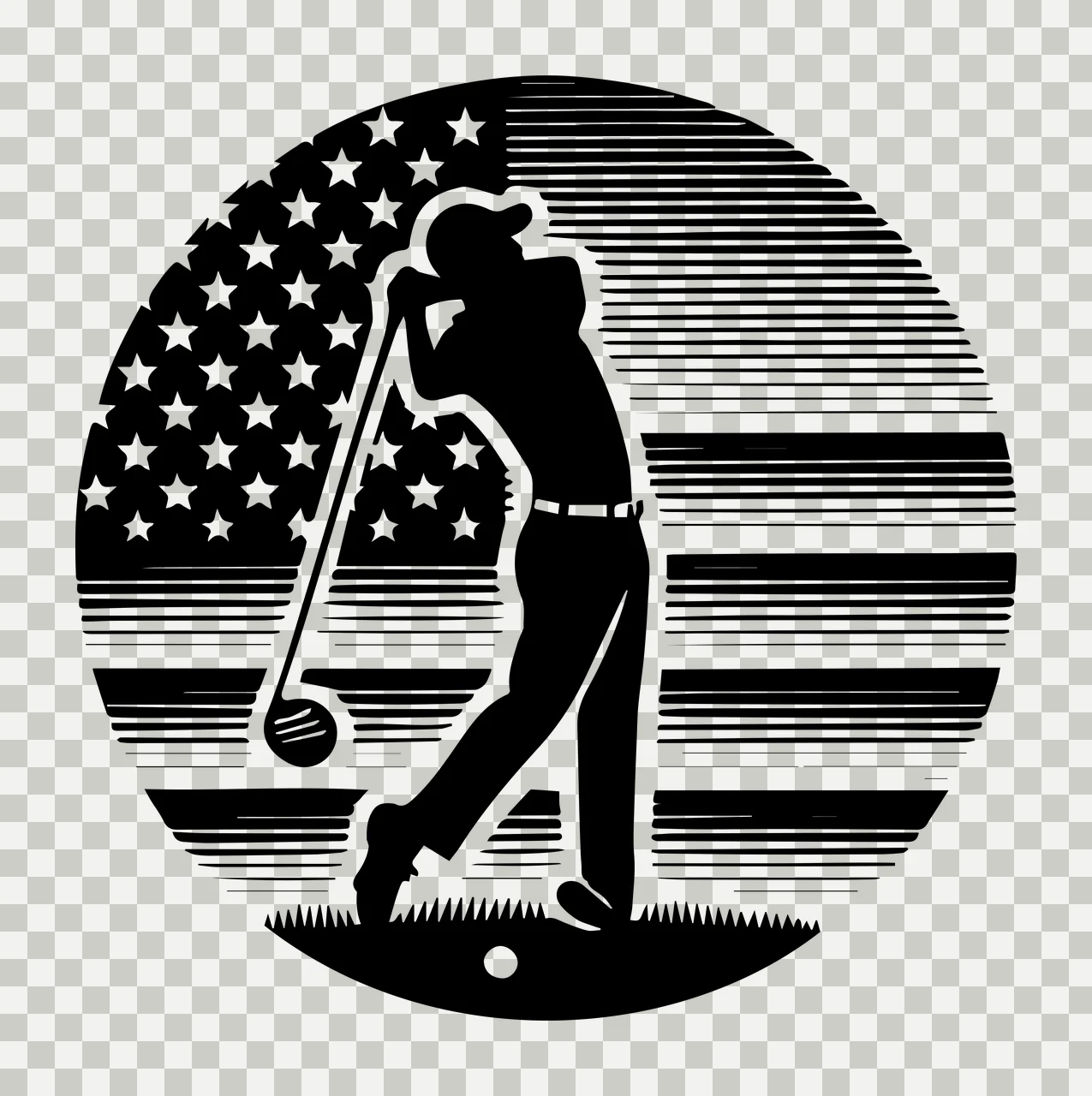 Golf Golfer Silhouette Against American Flag Circle swinging club transparency and detail preview thumbnail