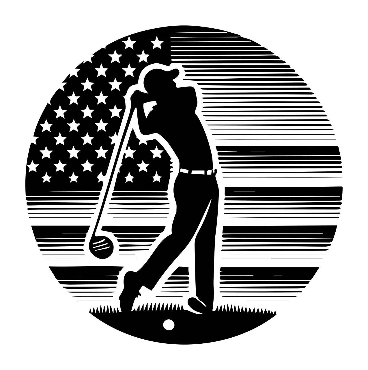 Golf Golfer Silhouette Against American Flag Circle swinging club