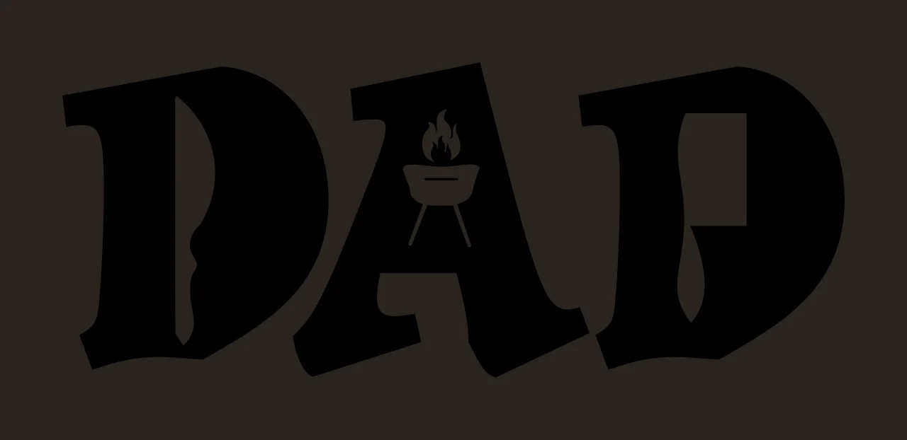 DAD DAD wordmark Design with DAD lettering, barbecue grill icon, flames and knife silhouette cutout in black and white contrast preview thumbnail