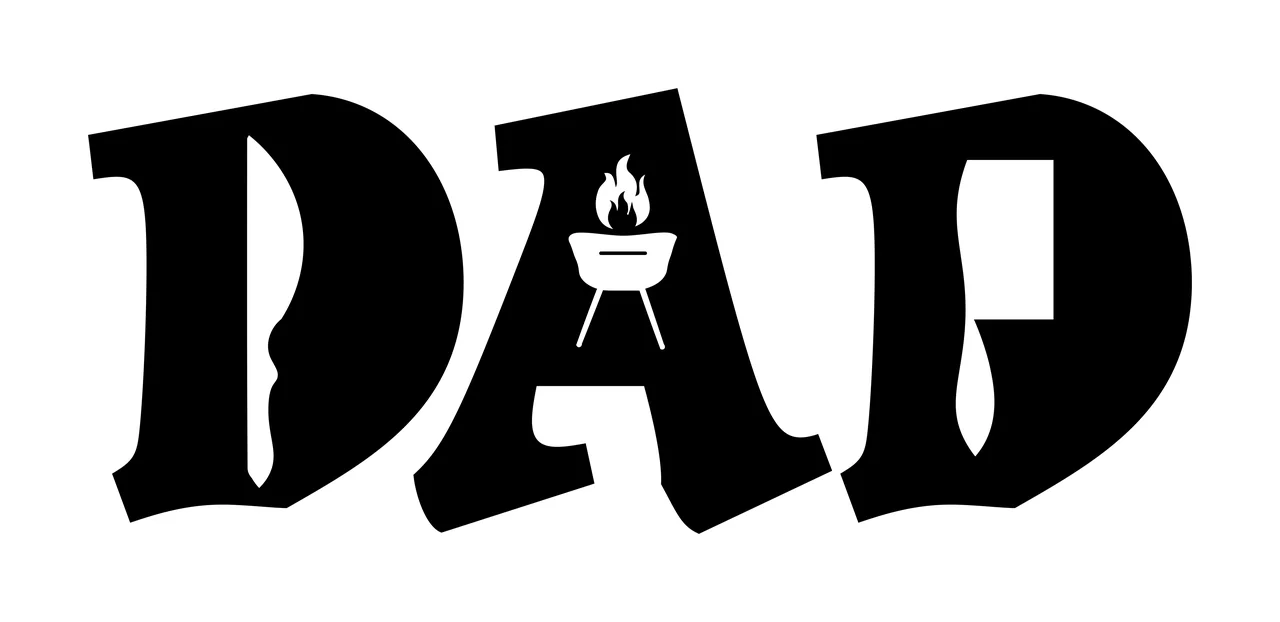 DAD DAD wordmark Design with DAD lettering, barbecue grill icon, flames and knife silhouette cutout in black and white