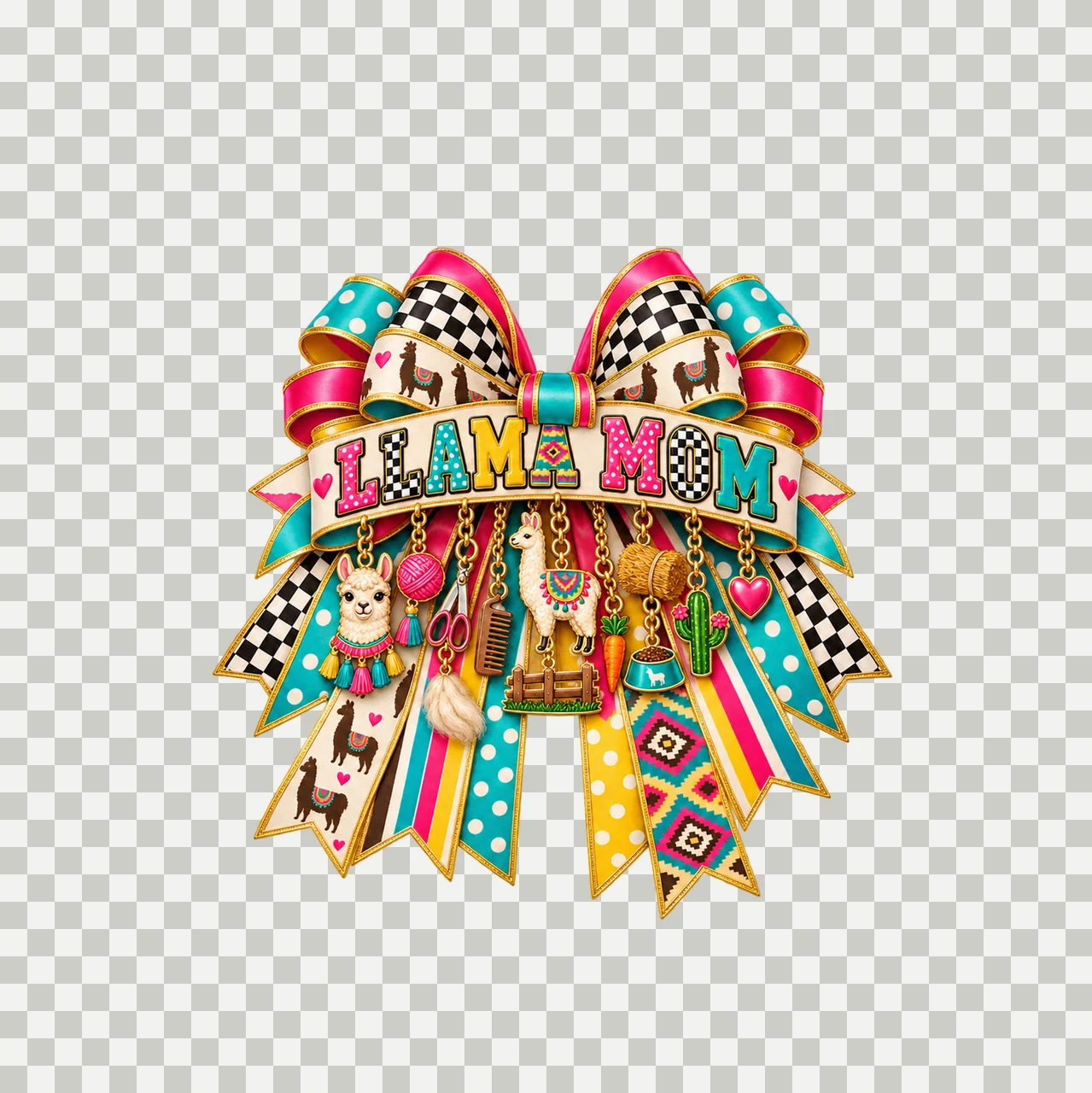 Llama Mom Bow Charm PNG, Patterned Varsity Mom Ribbon Clipart, Transparent Sublimation Digital Download transparency and detail preview thumbnail