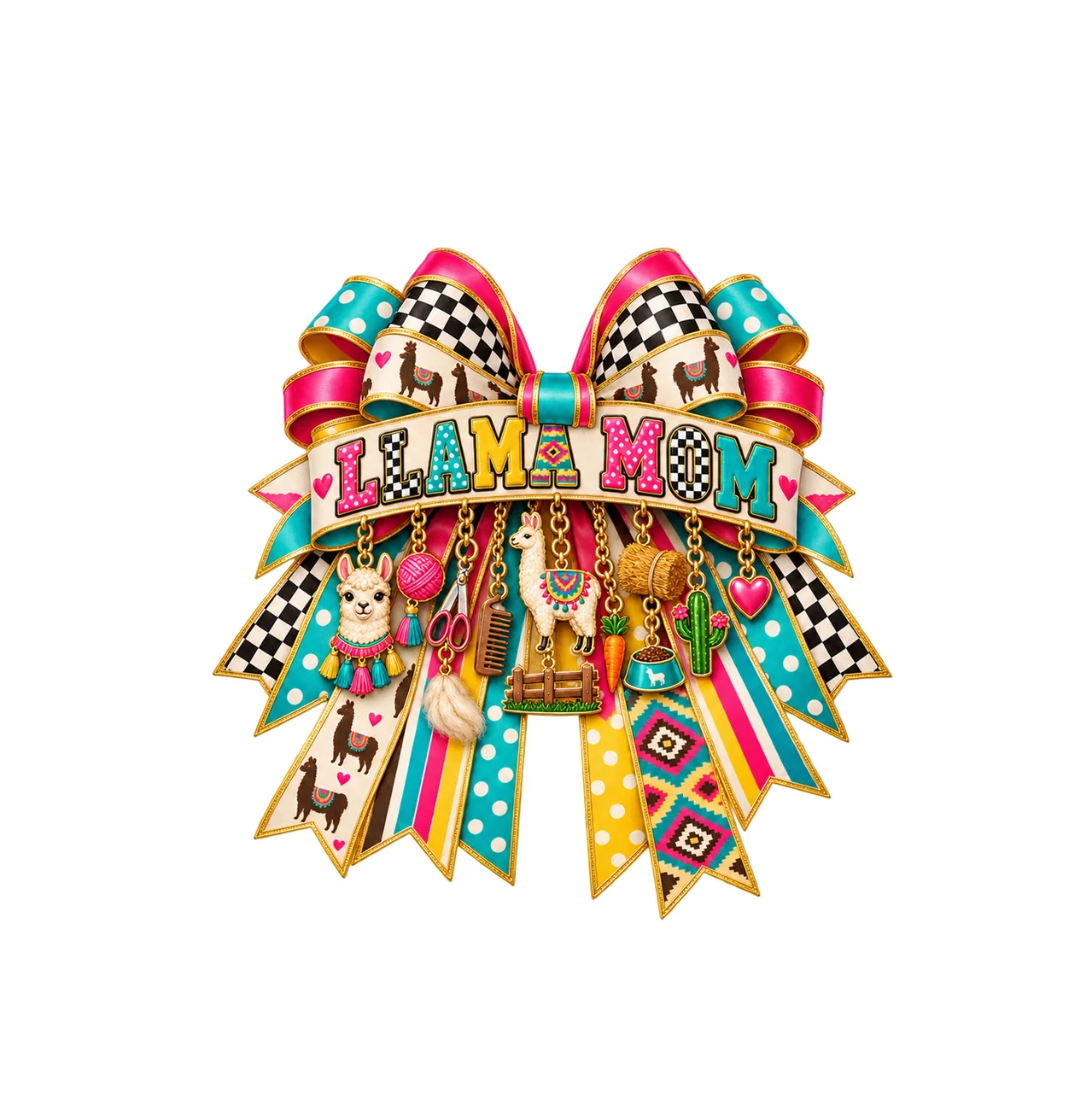 Llama Mom Bow Charm PNG, Patterned Varsity Mom Ribbon Clipart, Transparent Sublimation Digital Download