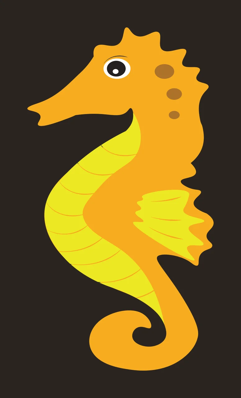 Cartoon Illustration of seahorse with eye, fins, curled tail and spots in yellow, orange and brown contrast preview thumbnail