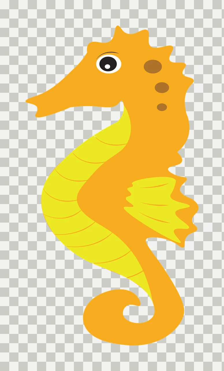 Cartoon Illustration of seahorse with eye, fins, curled tail and spots in yellow, orange and brown transparency and detail preview thumbnail