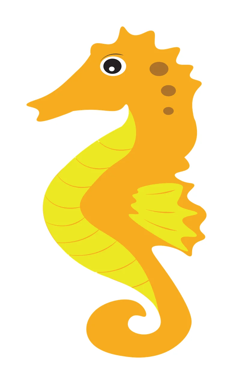 Cartoon Illustration of seahorse with eye, fins, curled tail and spots in yellow, orange and brown