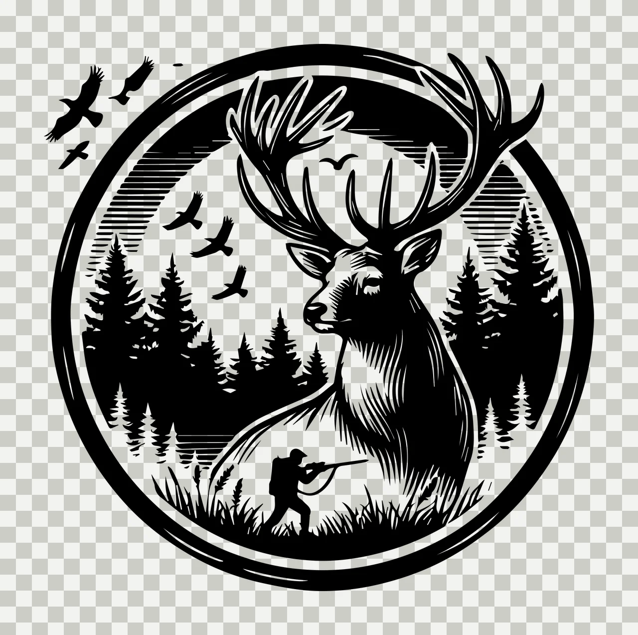 Silhouette Design of Circular black-and-white wildlife emblem with stag, forest, birds, and hunter with stag with antlers, forest of pine trees, flying birds and hunter holding rifle transparency and detail preview thumbnail