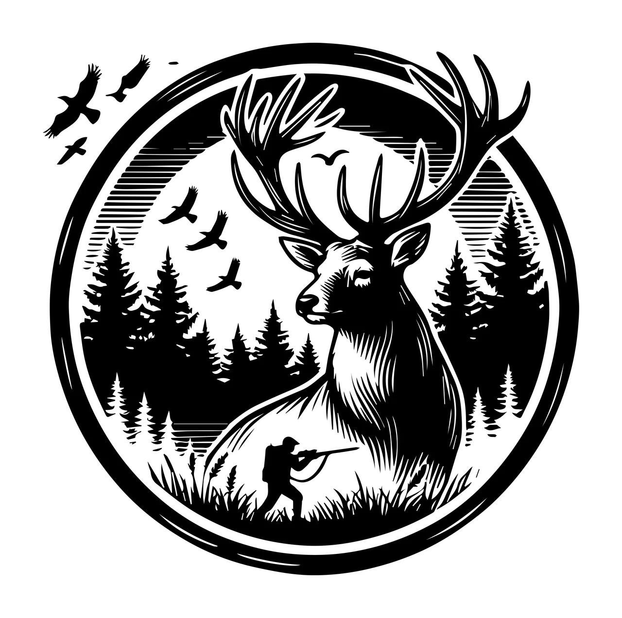 Silhouette Design of Circular black-and-white wildlife emblem with stag, forest, birds, and hunter with stag with antlers, forest of pine trees, flying birds and hunter holding rifle