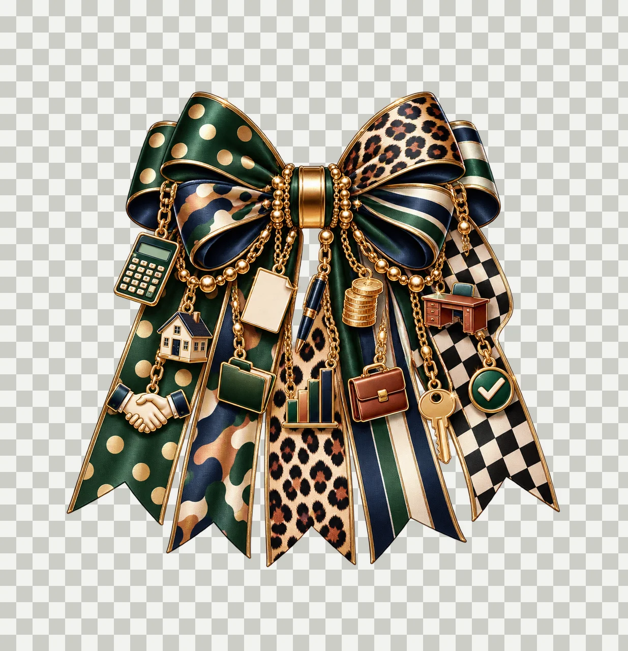 Loan Officer Bow Charm PNG, Themed Gold Chain Charms, Coquette Ribbon Sublimation Design, Transparent Digital Download transparency and detail preview thumbnail