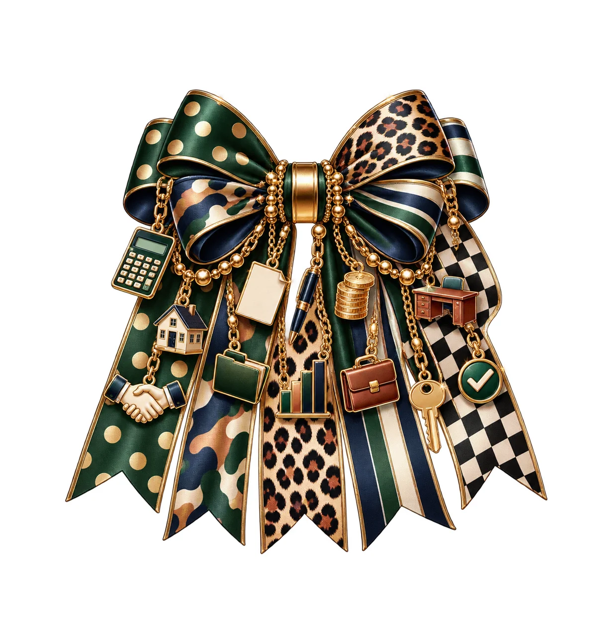 Loan Officer Bow Charm PNG, Themed Gold Chain Charms, Coquette Ribbon Sublimation Design, Transparent Digital Download