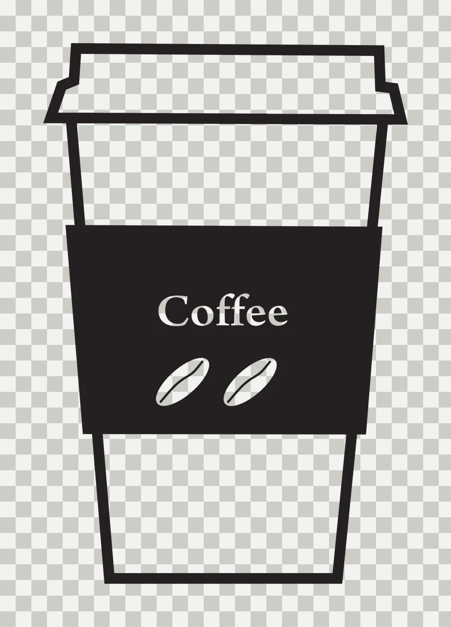 Coffee Illustrated coffee cup Design with black coffee cup, white lid, black sleeve and white 'Coffee' text transparency and detail preview thumbnail
