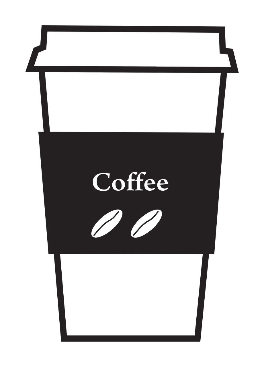 Coffee Illustrated coffee cup Design with black coffee cup, white lid, black sleeve and white 'Coffee' text