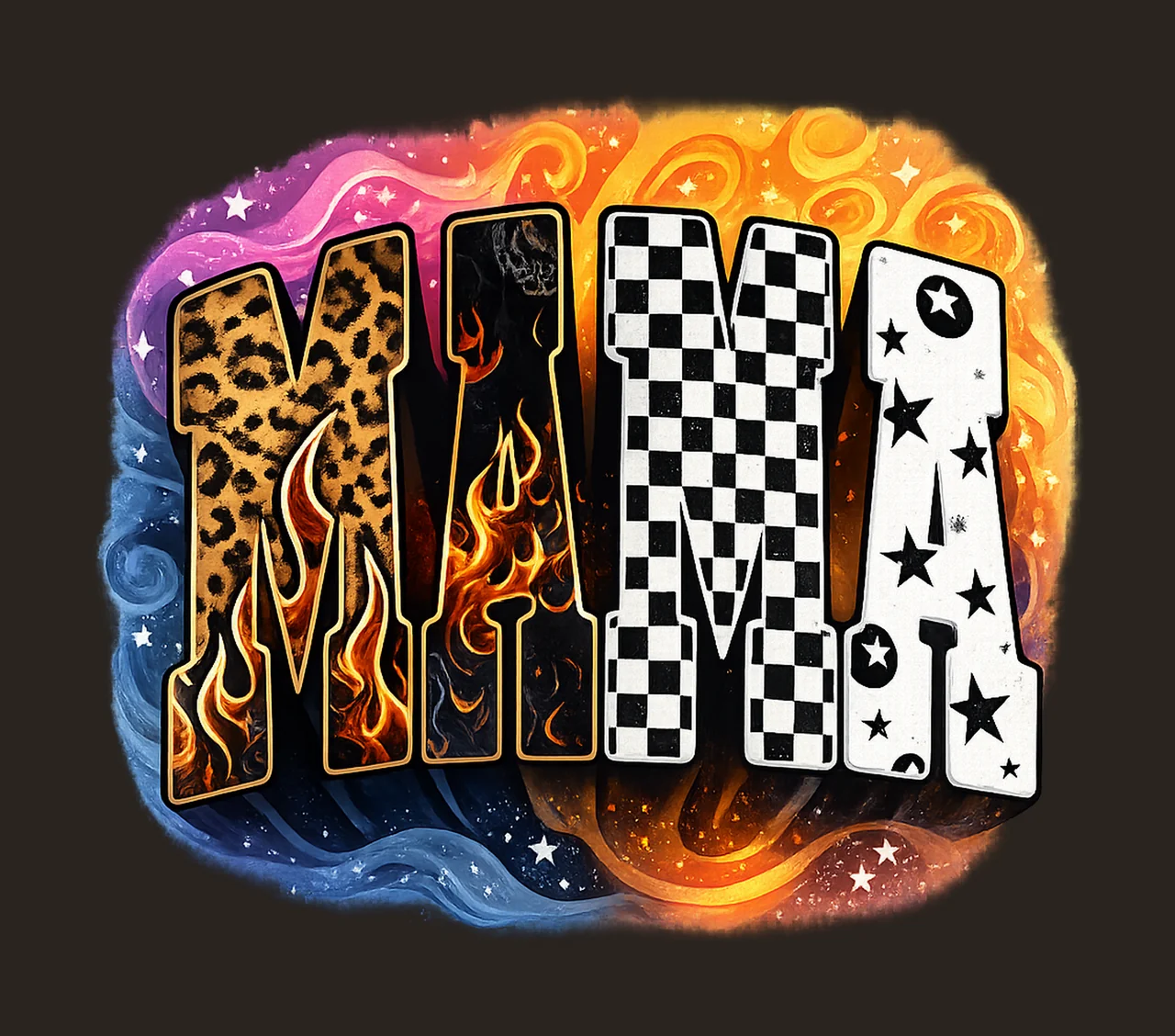 Mama Text With Leopard Print And Flames checkerboard stars contrast preview thumbnail