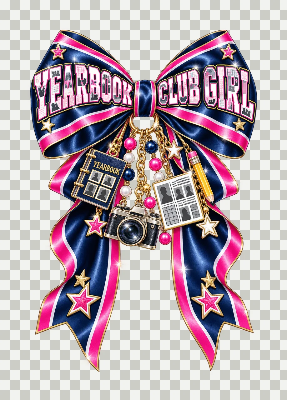Yearbook Club Girl Bow Charm PNG, Coquette Ribbon Sublimation, Transparent Digital Download transparency and detail preview thumbnail